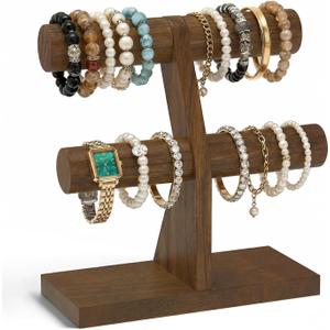 EsLuker.ly Bracelet Holder Display Wooden Stand Organizer, T Bar Bangle Storage Rack for Home Vendors Business Selling, Large Capacity 2 Tier Jewelry Tree Tower for Watches, No Clutter, Brown