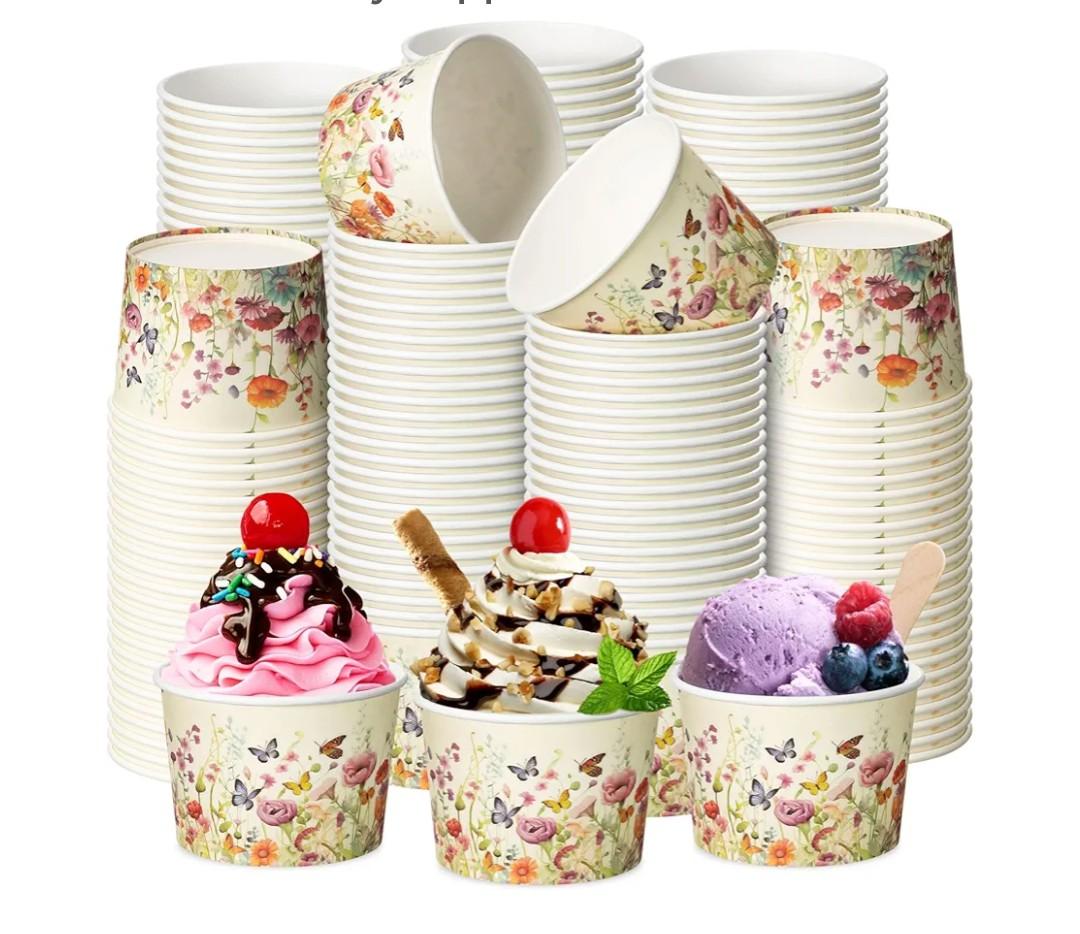 Bokon 100 Pcs Wildflower Paper Ice Cream Cups 9 oz Disposable Dessert Bowls Snack Cups Soup Cups for Birthday Baby Shower Spring Summer Floral Party Decorations Wildflower Party Supplies
