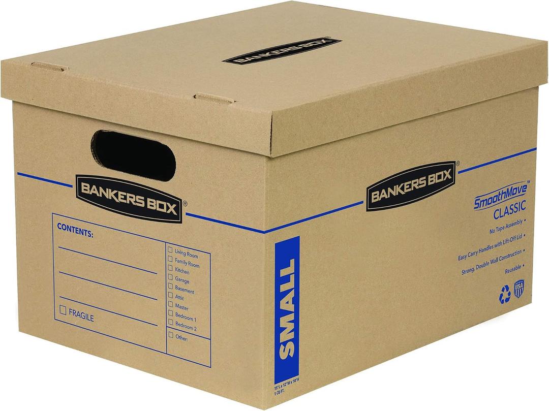 Bankers Box Small Classic Moving Box 5 Pack, Reinforced Handles, Tape-Free Assembly, Box with Lid, 15-in x 12-in x 10-in (7714902)