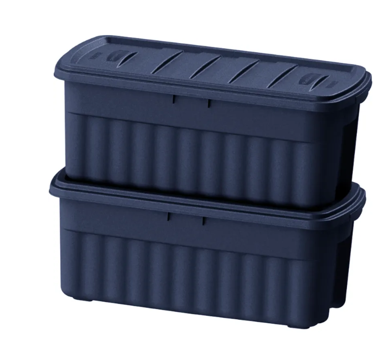 Rubbermaid ECOSense High-Top Storage Totes 28 Gal Pack of 4 Durable, Reusable, Large Plastic Storage Bins with Resting Hinged Lid, Made from Recycled Materials (Blue & Grey)