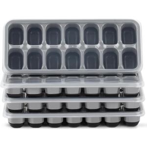 Ice Cube Tray 4 Pack, Easy-Release & Flexible 56 pcs Silicone Ice Cube Trays with Spill-Resistant Removable Lid, Stackable Ice Trays with Covers for Freezer, Cocktail (Black Gray)