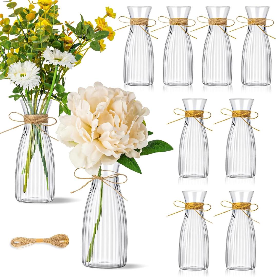 10 Pcs Plastic Flower Bud Vases Bulk with Twines Ropes Small Mini Flower Vases for Centerpieces Decorative Plastic Bottles for Wedding Reception Dining Table Home Decoration (Transparent)