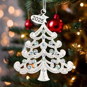 2025 Metal Christmas Tree Ornament Decorations 5" with Iridescent Crystals & 2025 Dated Engraved for Keepsake Gifts Holiday Home Party Decor