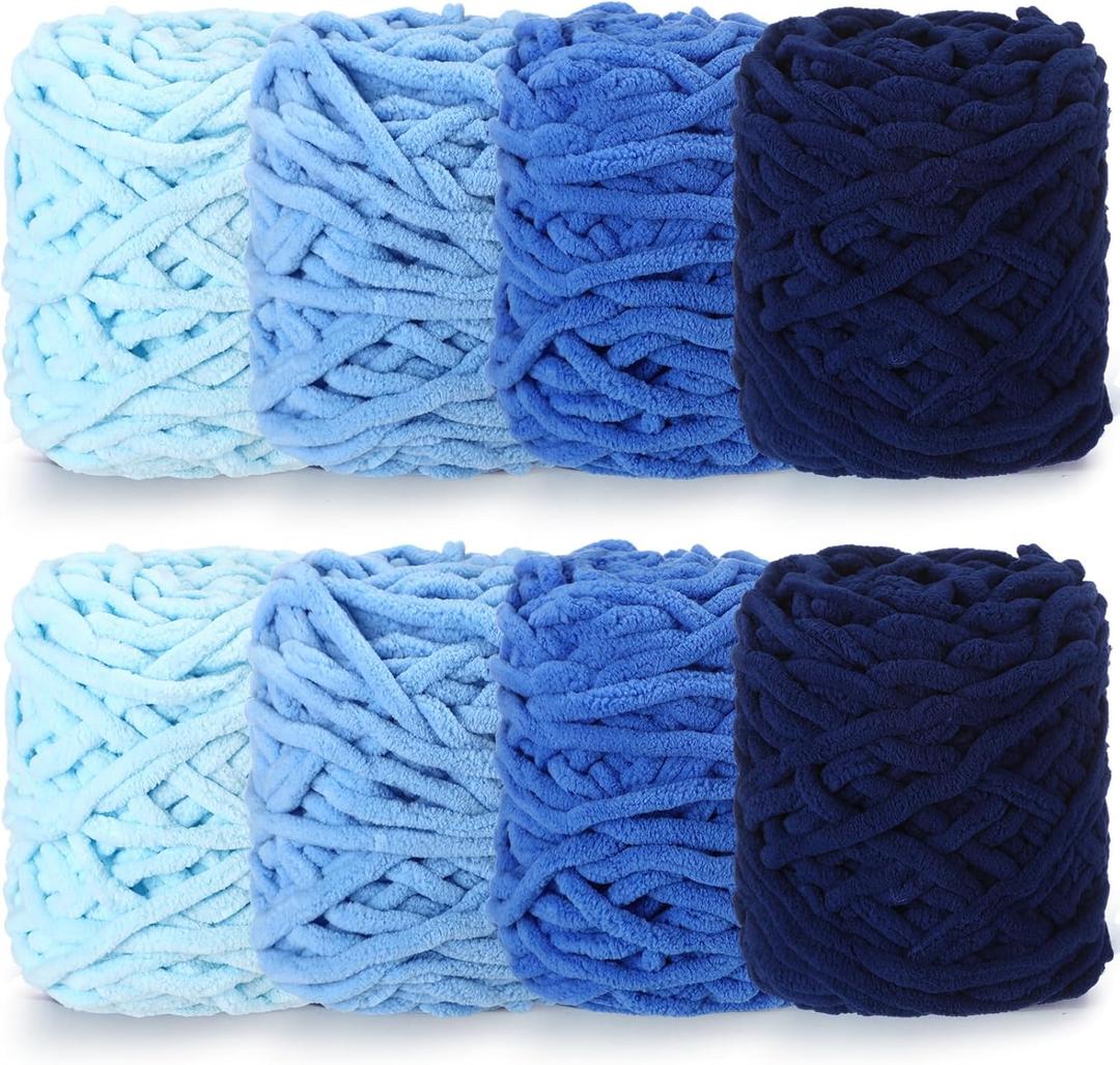 Buryeah 8 Pack Chunky Chenille Yarn for Crocheting Soft Thick Fluffy Yarn for Hand Knitting Bulky Velvet Blanket Plush for Weaving DIY Crafts Each 3.5 oz 55 Yards(Blue Series)