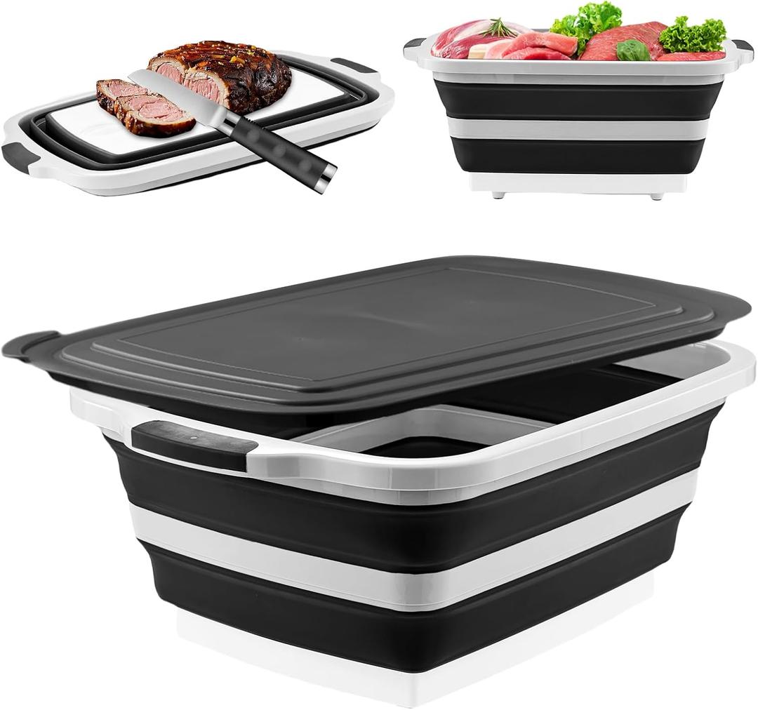 BBQ Prep Tub with Lid and Cutting Board, Collapsible Barbecue Tool Set for Marinating, Meal Prep, Food Storage, Grilling, Camping and Outdoor Cooking, Dishwasher Safe, Black XX-Large