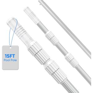 15FT Telescopic Pool Pole, Pool Skimmer Pole Heavy Duty, Adjustable 3 Piece Expandable Step-Up, Universal Pole for Skimmer Nets, Rakes, Brushes, Vacuum Heads Cleaning.