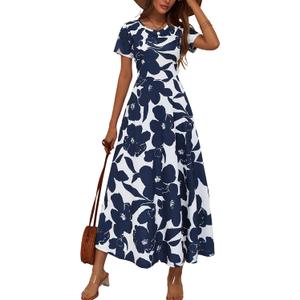 ZABERRY Women's 2024 Short Sleeve Round Neck Casual Summer Flowy Maxi Spring Dresses with Pockets (Blue, M)