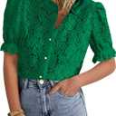 PRETTYGARDEN Womens 2026 Spring Lace Tops Short Puff Sleeve Casual Dressy Blouses Eyelet Crew Neck Button Down Shirts (Green, M)