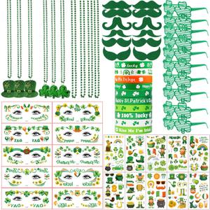 62Pcs St. Patrick's Day Accessories Party Favors Set - 10 Shamrock Glasses, 12 Green Beards, 10 Necklaces, Bracelets, Face Stickers & Tattoos - Irish Costume Decorations for Adults Kids Parade