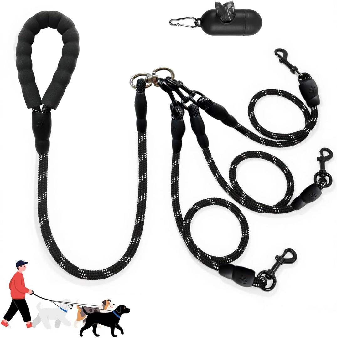 No-Tangle 3 Dogs Leash - Main Lead Rope with Padded Handle, Three Detachable Leash Splitters with Heavy-Duty Clip, Perfect for Walking, Running, Small, Medium, Large Dogs (Black)