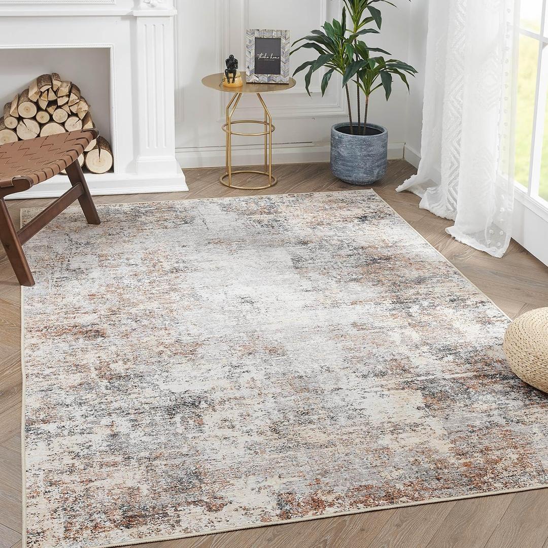 jinchan Area Rug 3x5 Washable Modern Rug Abstract Entryway Doormat Taupe Multi Print Overdyed Floor Cover Distressed Contemporary Lightweight Non-Slip Thin Carpet for Kitchen Bathroom Living Room