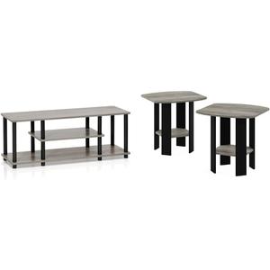 Furinno Turn-N-Tube No Tools 3D 3-Tier Entertainment TV Stand up to 50 inch TV, Round Tubes, French Oak Grey/Black & Simple Design End Table, 2-Pack, French Oak Grey/Black