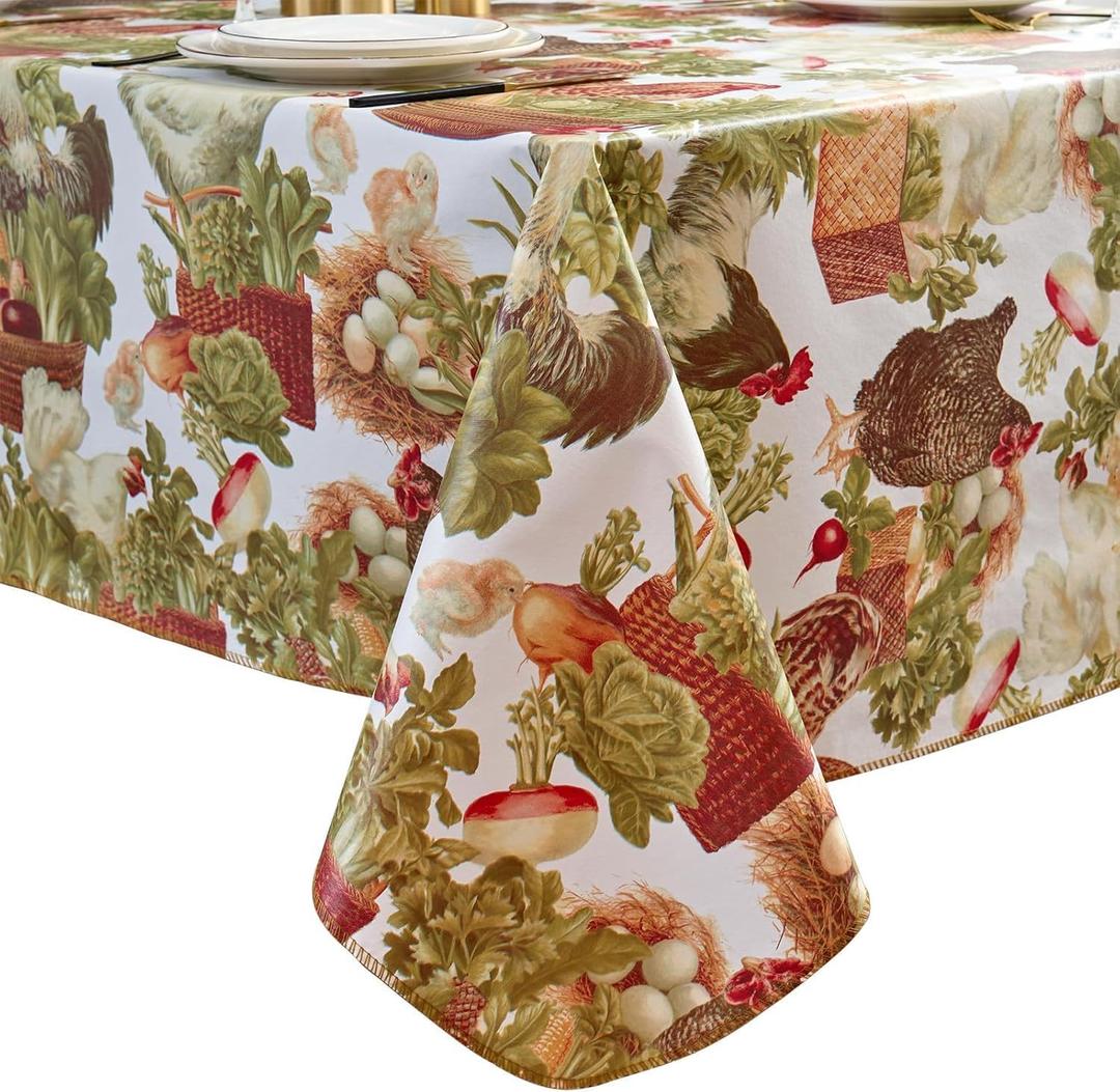 Pioggia Vinyl Tablecloth with Flannel Backing - Waterproof, Oil-Proof, Easy to Clean -Plastic Table Cloth - Perfect for Dining Tables, Kitchen Tables, Parties (Chickens, 5472 Inch Rectangular)