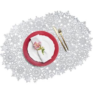 Snowflake Placemats Set of 6 for Dinner Table, Christmas Kitchen Placemats Hollow Vinyl Place Mats for Christmas Decorations, Holiday Party Wedding Annersary Dinner (Silver)