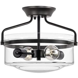 2-Light Semi Flush Mount Ceiling Light, 14.2" Farmhouse Light Fixtures for Bedroom Porch Hallway Kitchen Entryway, Black Modern Ceiling Light with Clear Glass Shade