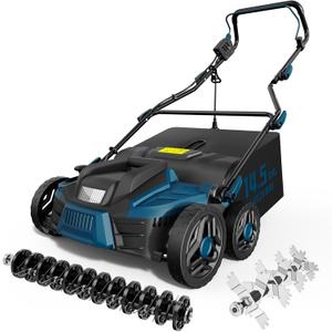 TIECTOWN 2026 Upgrade 16-Inch 15.5 Amp 2-in-1 Electric Dethatcher and Scarifier with 14.5-Gallon Collection Bag, Lawn Dethatcher with 5-Position Depth Adjustment, Keeps Lawn Healthy - Blue