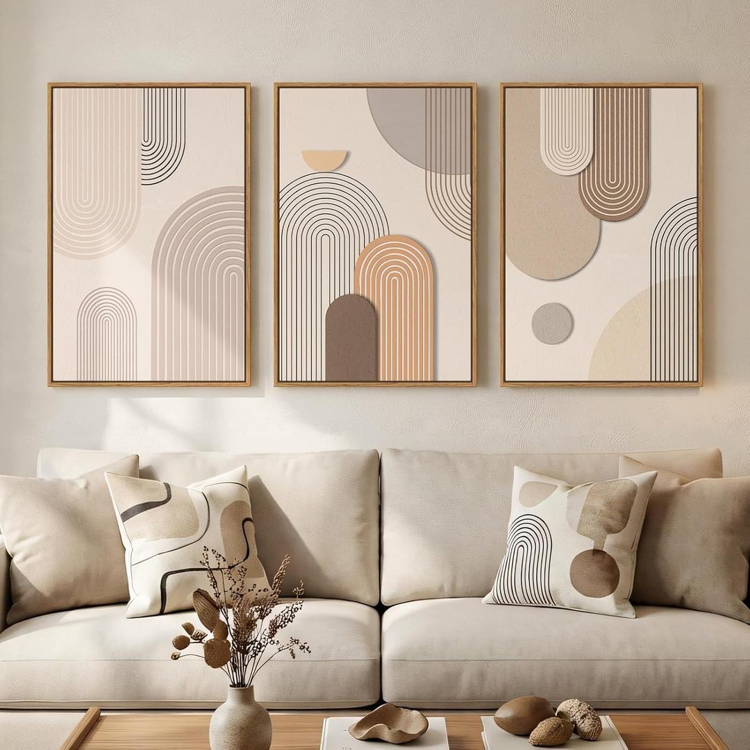 3 Piece Framed Neutral Boho Wall Art for Living Room, Large Minimalist Abstract Canvas Artwork for Walls, Mid Century Modern Beige Geometric Prints Paintings for Bedroom Hallway Wall Decor 16x24 Inch, 24" H x 16" W x 3Pcs