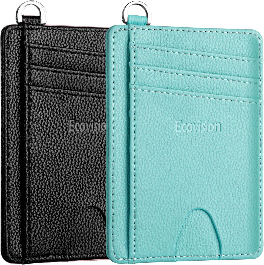 EcoVision Slim Minimalist Front Pocket Wallet, RFID Blocking Credit Card Holder Wallet with Detachable D-Shackle for Men Women (Litchi Black & Ocean Blue)
