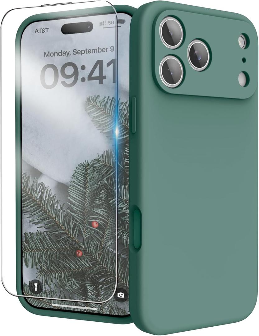 for iPhone 17 Pro Case, Liquid Silicone Cover with Camera Protection Anti-Scratch Soft Microfiber Lining Shockproof Protective Phone Case for iPhone 17 Pro 6.3", Pine Green