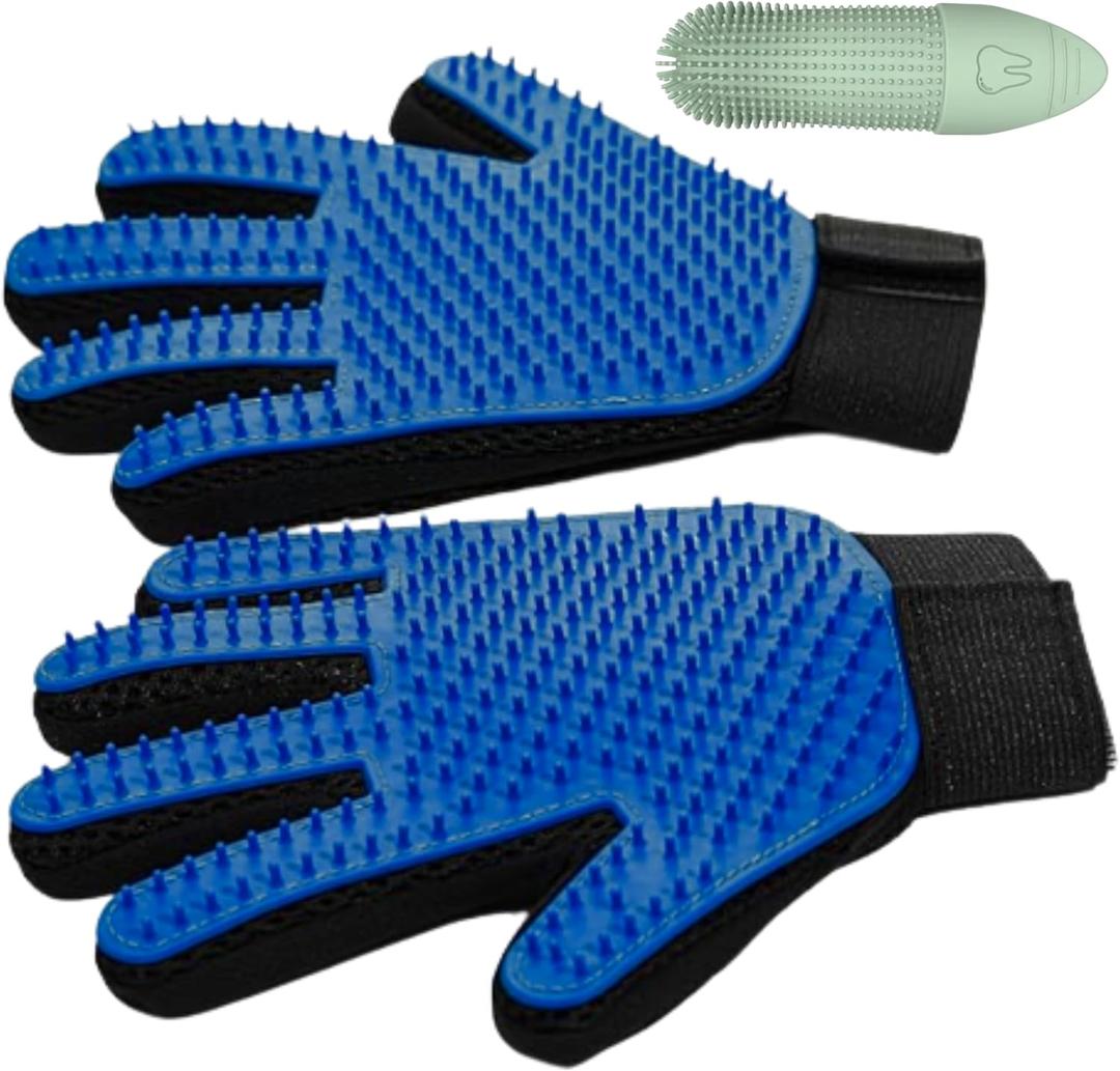 2 x Pet Hair Removal Glove for Dogs & Cats, Pet Grooming Glove 2-in-1 Deshedding & Massage Mitt Soft Silicone Tips Left & Right Hand Set + Bonus Detail Tool