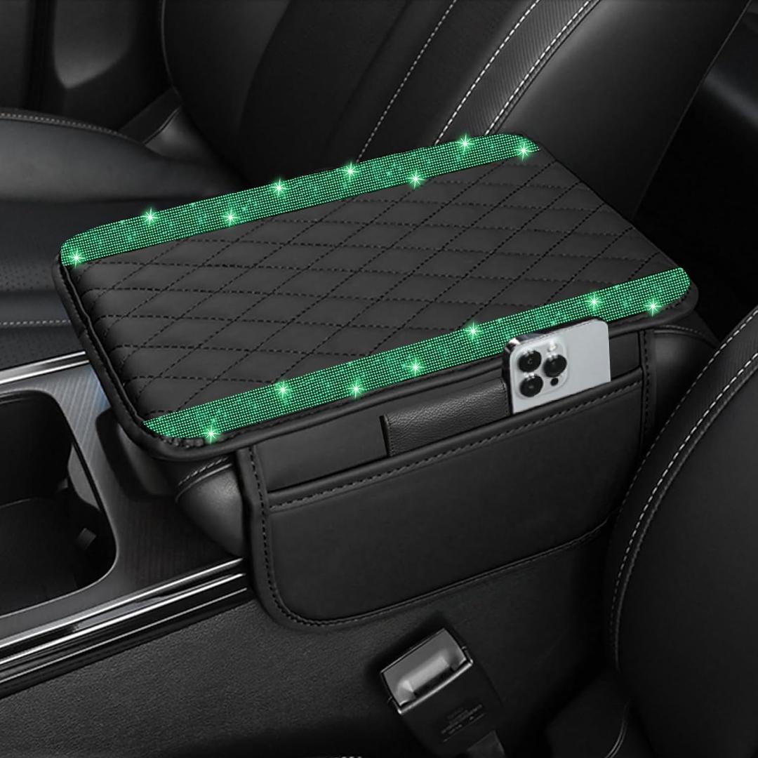 Bling Car Center Console Cover, Leather Car Arm Rest Cover Cushion with 2 Storage Bags, Universal Auto Armrest Protector Storage Box, Bling Accessories Interior for Most Vehicles (Green Diamond)