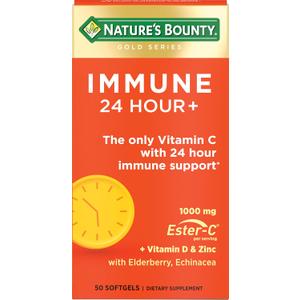 Nature's Bounty Immune 24 Hour +, The only Vitamin C with 24 Hour Immune Support from Ester-C, 1000 mg Vitamin C, D & Zinc, Gluten Free, Rapid Release Softgels, 2 Softgels per Day, 50 Count