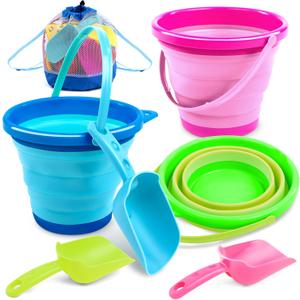 JOYIN 3 Packs Foldable Pail Bucket with Shovels & Mesh Bag, Collapsible Buckets Multi Purpose for Beach, Camping Gear, Beach Party, Fishing, and Fun Summer Activities (Blue/Pink/Green)