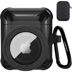 Valkit Compatible Airpods Case and AirTags Case Cover, 2 in 1 Rugged Protective Case Shockproof Air Pod 2 Case for Men Women with Keychain iPod Skin for Airpods 1/2 Gen and Airtag 2021, Black
