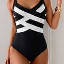 One Piece Swimsuit for Women Modest Full Coverage Bathing Suit Slimming Color Block V Neck Swimwear (Black, S)