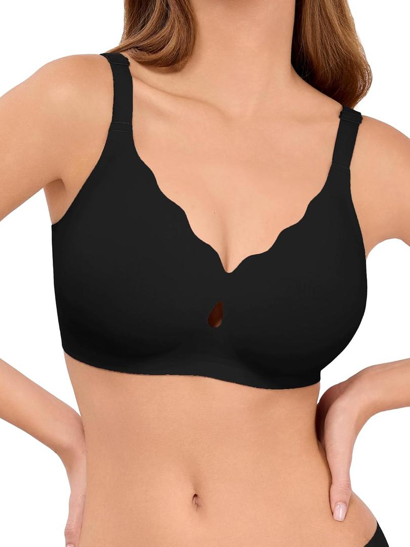 LUCKMEEY Bras for Women No Underwire Wave Push Up Wireless Bra Seamless Bras Full Coverage Bralettes Lift Everyday Bras (Large, Truffle Black)