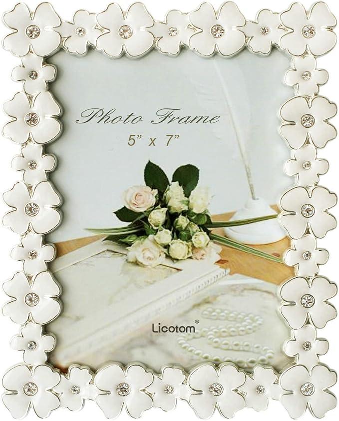 Licotom Metal Picture Frame Silver Plated with Ivory White Enamel and Crystals, Lovely Flowers Photo Frame 5x7 Inch
