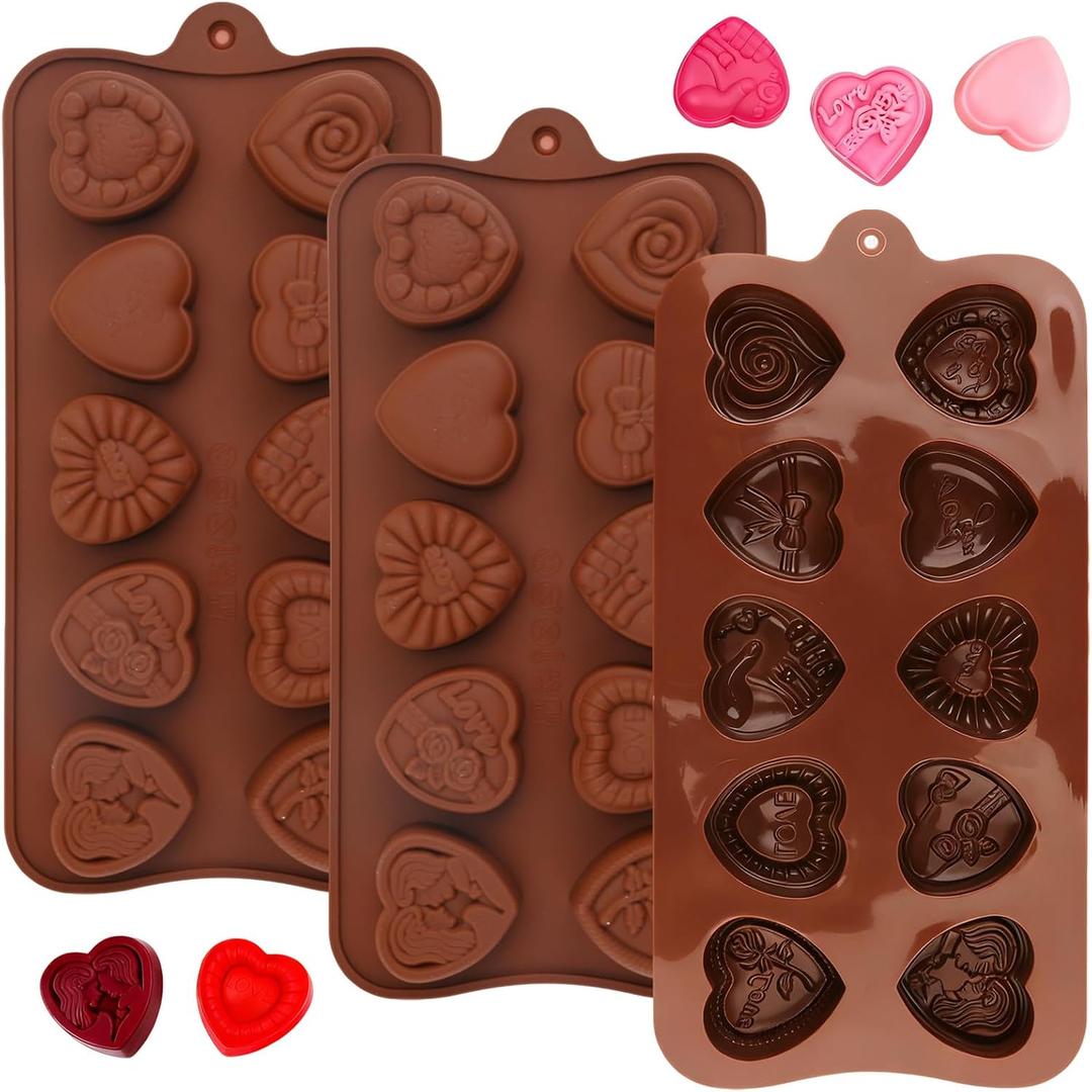 3PCS Heart Chocolate Molds Set, 10-Design DIY Silicone Molds for Valentine's Day & Mother's Day, Love Rose Non-Stick Baking Molds for Chocolate, Candy, Gummy, Ice Cubes, Fondant, Cake Decorating