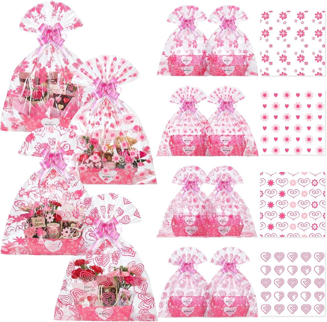 Gueevin 24 Sets Happy Mother's Day Empty Gift Baskets, 24 Cardboard Market Trays to Fill 24 Flowers Cellophane Bags 24 Pull Bows, DIY Gift Wrapping for Mother's Day Birthday Party