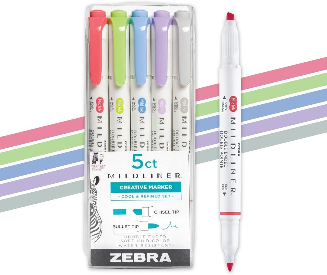 Zebra Pen Mildliner Dual-Tip Highlighters, Broad and Fine Tips, Ideal for Bible Highlighting, No Bleed, School Supplies and Teacher Supplies, Assorted Cool and Refined Ink Colors, 5-Pack (78205)
