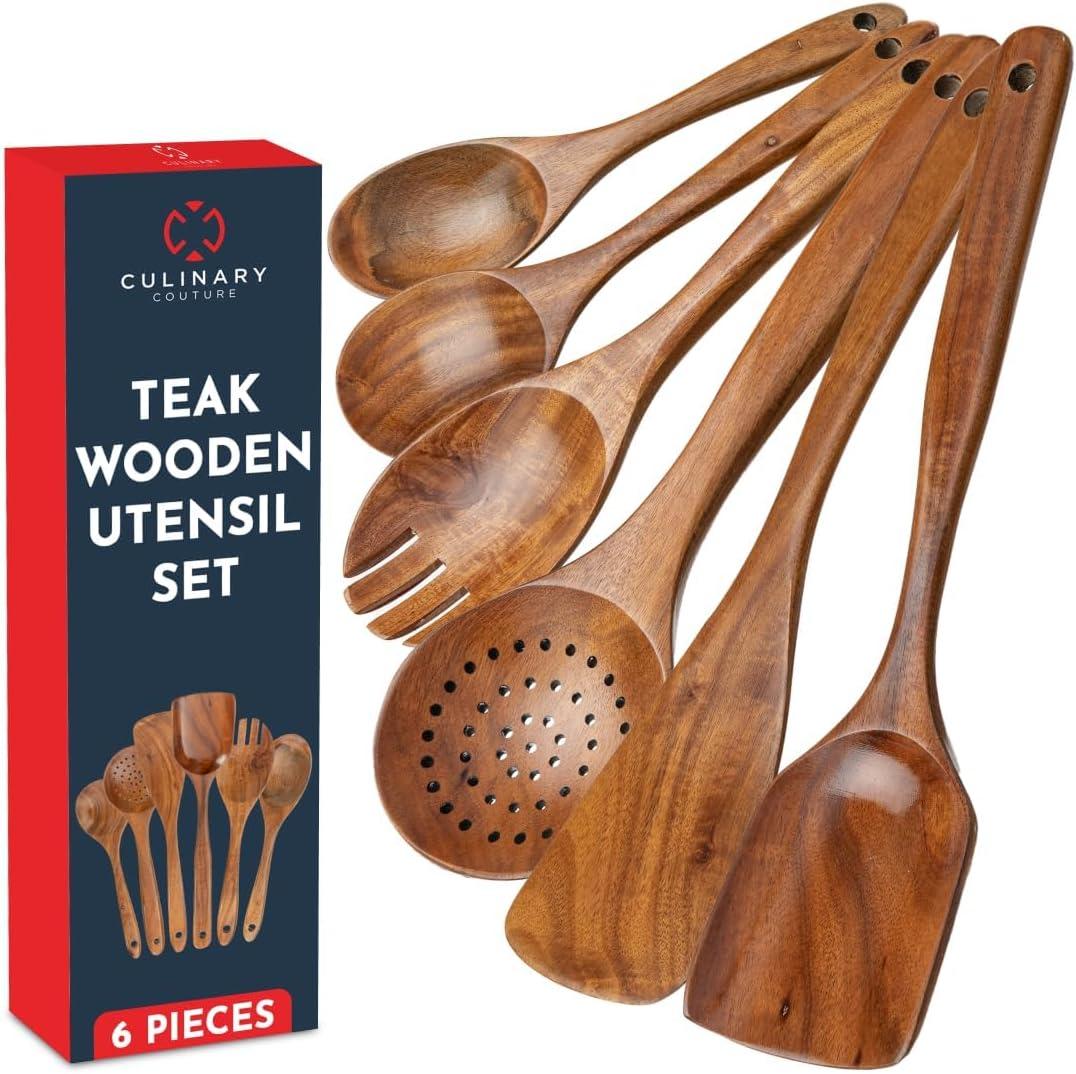 Teak Wooden Utensil Set 6-Piece - Smooth Finish Wooden Spoons for Cooking - Comfortable Grip, Non Scratch Premium Kitchen Wooden Cooking Utensils Set Teak Wood Cooking Utensils