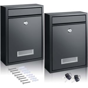 Gisafai 2 Pcs Mailboxes for Outside Wall Mount Large Donation Suggestion Box for Mailbox Postbox Letters Newspapers Rust Proof with Slot Steel, 12.68 x 8.54 x 3.31 Inch, Black(Key Lock)