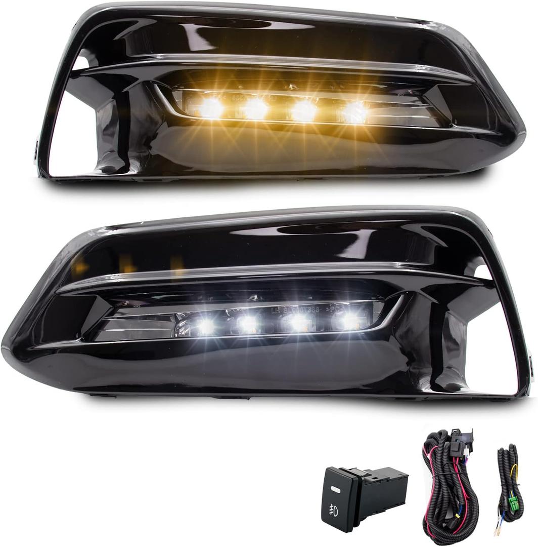LED DRL Turn Signal Fog Lights Lamps Assembly Replacement For 2018-2020 Honda Accord Included Switch+Wiring Kit(Clear Lens)