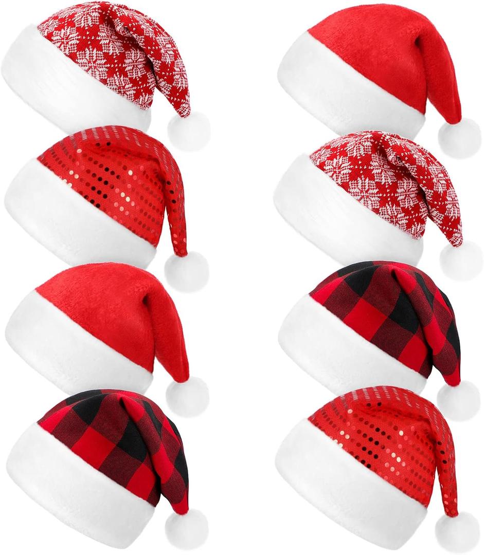 Civaner 8 Pieces Plush Christmas Santa Hats Bulk for Adults Buffalo Plaid Christmas Hats Xmas Snowflake Claus Caps for Unisex Adult Red White Black Color Caps Costume Party Supplies Party Favors