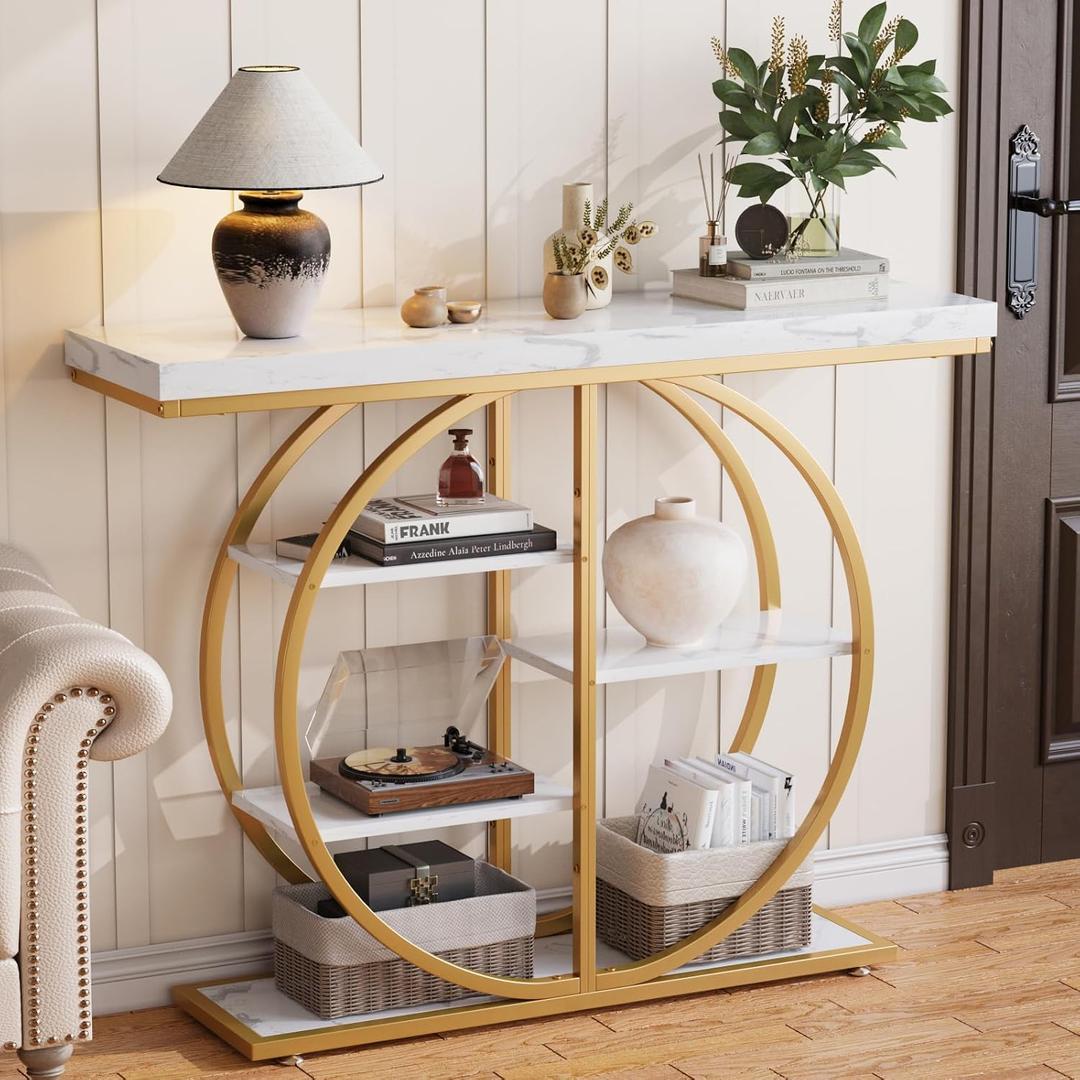 41.3" Console Table for Entryway, Industrial Hallway Sofa Table with Storage Shelves, Narrow Accent Decor Living Room Furniture with Circle Base for Foyer, Entrance, White Gold, 41.3 inches x 11.4 inches x 31.5 inches