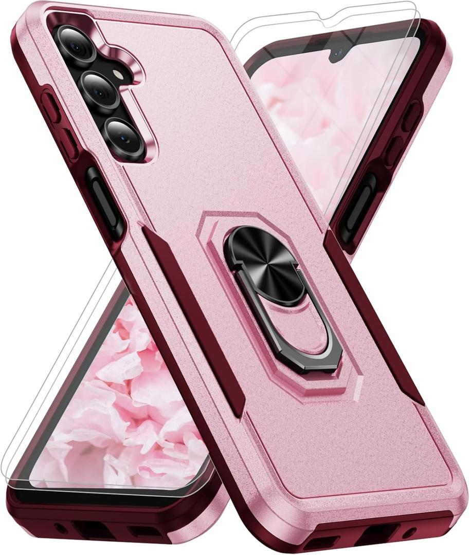 for Samsung Galaxy A26 5G Phone Case [15 FT Military Grade Drop Protection] with 2x Tempered Glass Screen Protector, Heavy-Duty Shockproof Magnetic Kickstand Case for Samsung Galaxy A26 5G (Pink)