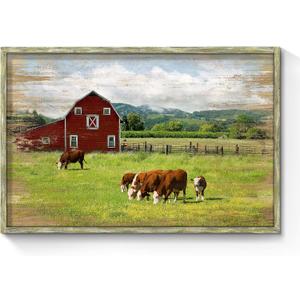 Wood Print Farmhouse Wall Art: Red Barn Nature Rural Cow Cattle Artwork Rustic Framed Picture Quiet Countryside Landscape Painting Farm Forest Gallery Ready to Hang for Bedroom Living Room Bathroom, 36"L x 24"W