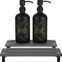 Kitchen Soap Dispenser Set, 16oz Hand and Dish Soap Dispenser Set with 2 Instant Dry Trays, Stainless Steel Pump, Refillable Glass Bottle for Kitchen and Bathroom Countertop (Black)