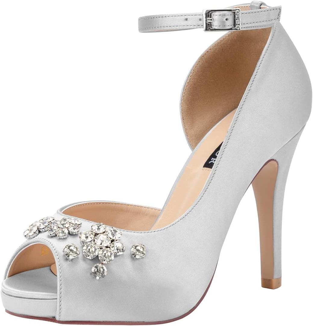 ERIJUNOR Women's Peep Toe Platform High Heel Rhinestones Satin Evening Prom Wedding Shoes (Silver)