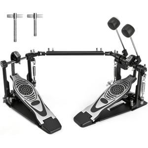 Double Bass Drum Pedal, Heavy Duty Kick Drum Pedal with Double Chain Drive, Adjustable Spring Tension, Non-Slip Metal Base, Smooth and Responsive Single Drum Pedal for Acoustic and Electronic Drums