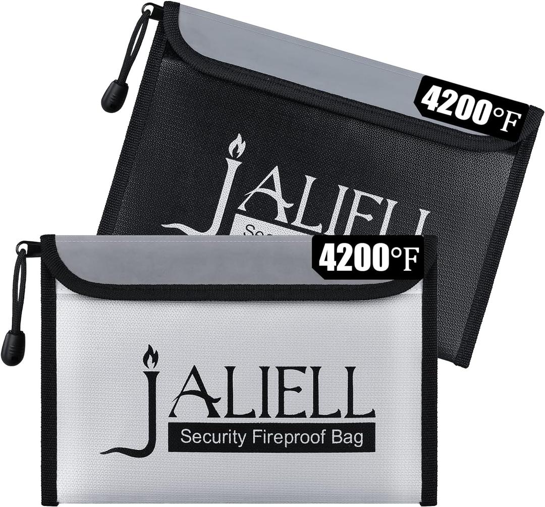 2 Pack Fireproof Money Bag (9.5x6.5''), Non-itchy Waterproof Fireproof Bag with Zipper, Small Fire Proof Money Bag for Cash, Valuables, Passport, Currency & Keys (Black & Grey)