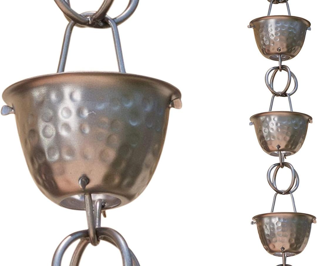 Monarch Rain Chains Aluminum Hammered Cup Pewter Rain Chains for Gutters 8.5 ft Pewter Decorative Rainchain Outdoor Durable Heavy Duty Gutter Chain Downspout Modern Rainchains for Outside