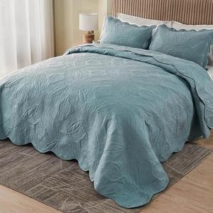 Kingnex Extra Wide Oversized King Bedspreads 128x120 for Tall King or Cal King Bed Ultrasonic Quilted Coverlet Set 3 Piece Include 1 Quilt 2 Pillowcases Blue