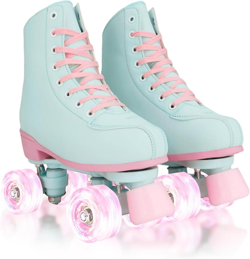 jessie Roller Skates for Women Girl Adult, PU Leather Light-up Wheels Roller Skate for Beginners Professionals Indoor Outdoor (35-Women 4.5/Youth 3.5, Pink&Green)
