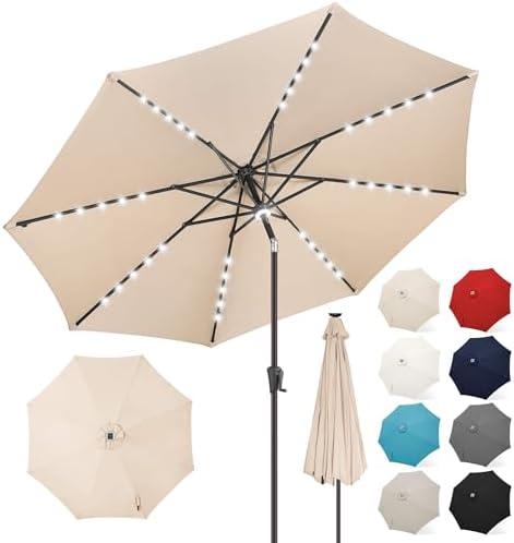 FLAME&SHADE Solar Patio Umbrella with a Centre Light, 9 FT Beige | 40 LED Lights, UV Protection, Waterproof, Porch Deck Outdoor Umbrella for Pool, Backyard, Garden, Provides Evening Lighting