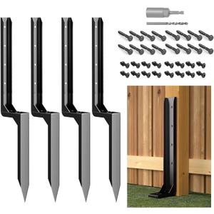 Muzata 4Pack Fence Post Repair Kit Post Stakes Heavy Duty Black Steel Anchor Ground Spike Quick Easy for Repair 4x4 6x6 Tilted Broken Wooden Fences WT16